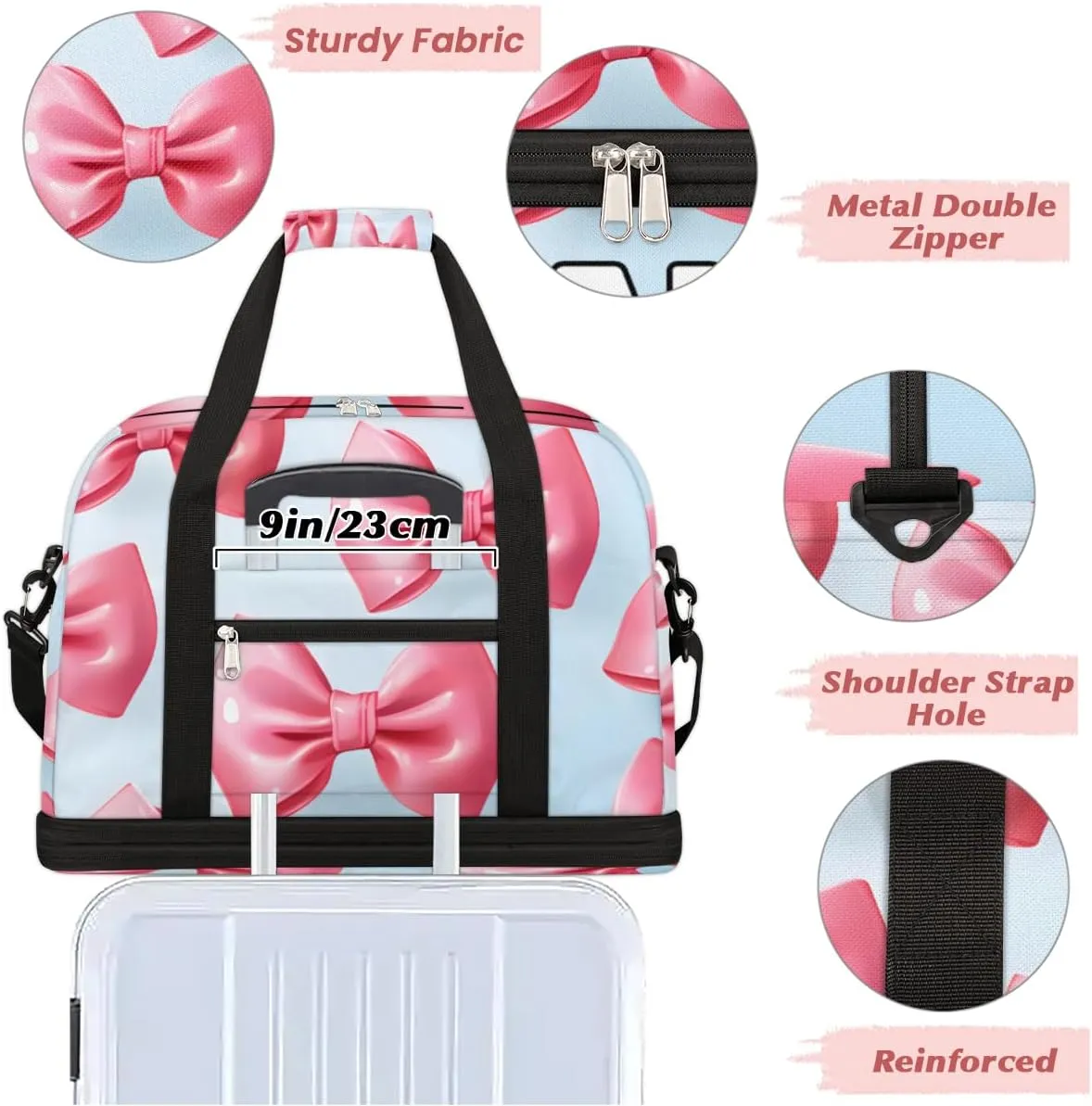 Pink Bowknot Printed Custom Foldable Duffle Bag with Shoes Compartment Personalized Large Capacity Waterproof Travel Weekender Bag Overnight Bag for Sports Gym