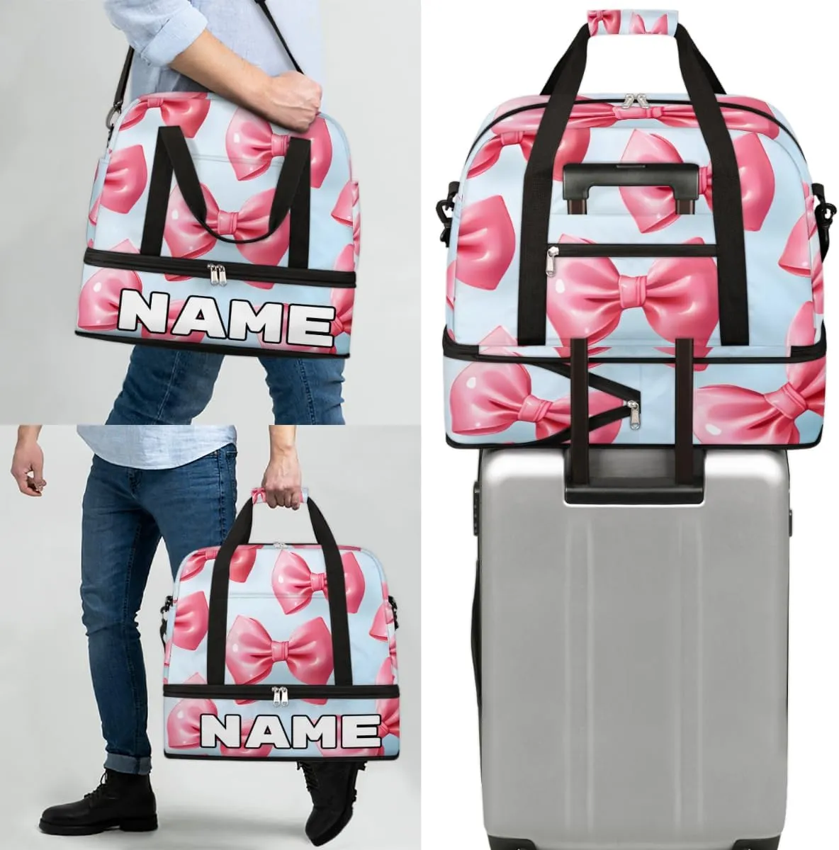 Pink Bowknot Printed Custom Foldable Duffle Bag with Shoes Compartment Personalized Large Capacity Waterproof Travel Weekender Bag Overnight Bag for Sports Gym