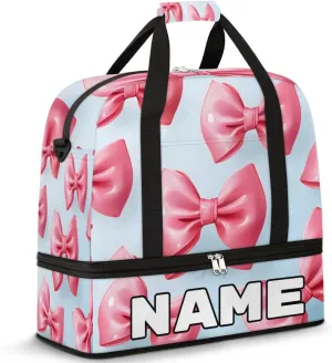 Pink Bowknot Printed Custom Foldable Duffle Bag with Shoes Compartment Personalized Large Capacity Waterproof Travel Weekender Bag Overnight Bag for Sports Gym