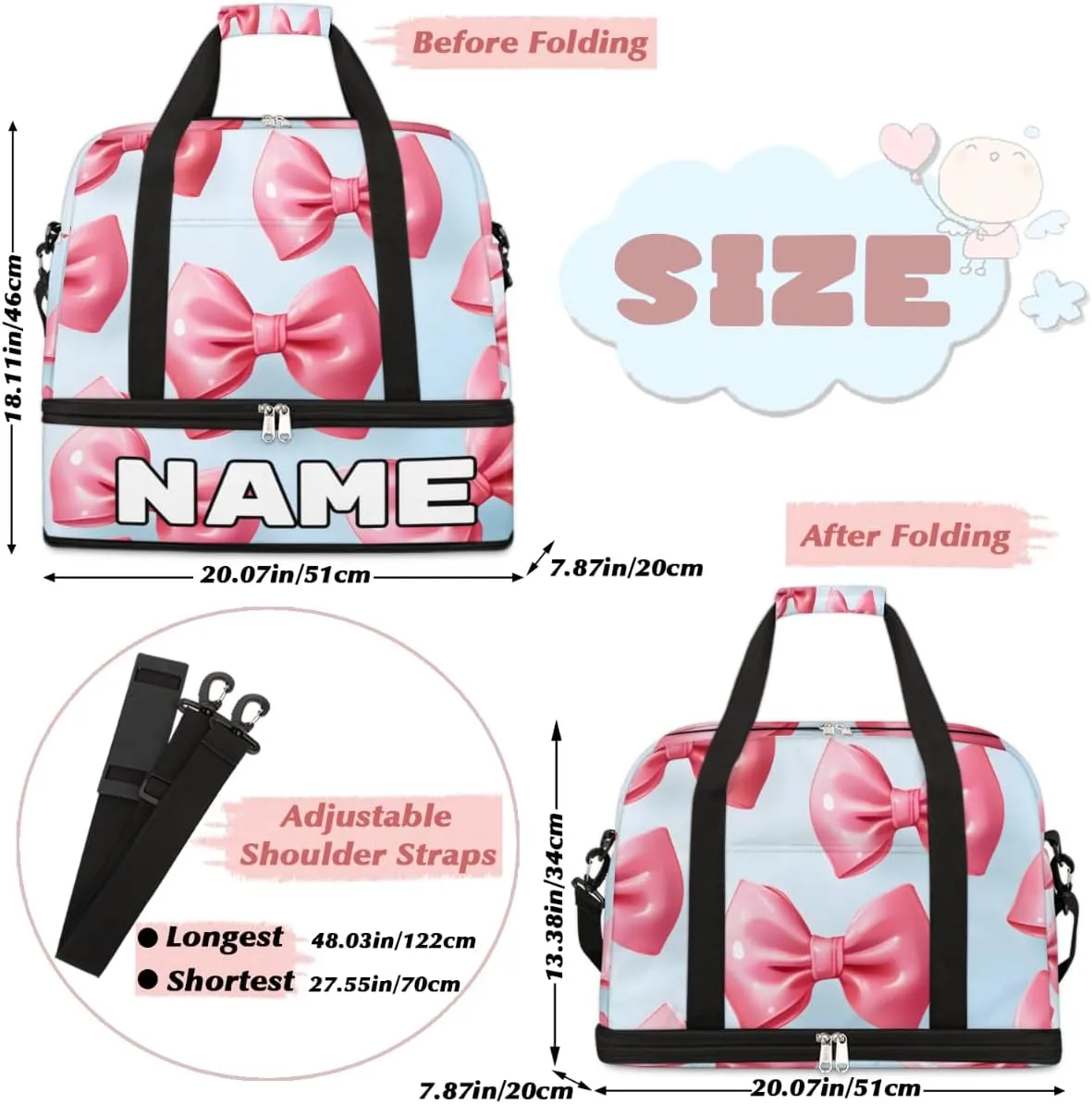Pink Bowknot Printed Custom Foldable Duffle Bag with Shoes Compartment Personalized Large Capacity Waterproof Travel Weekender Bag Overnight Bag for Sports Gym
