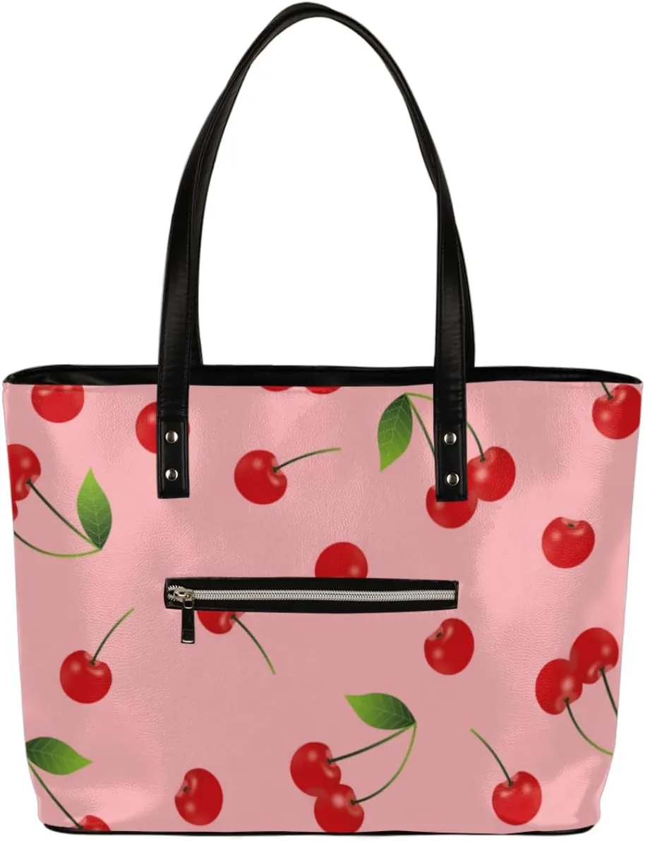 Pink Cherries Print Tote Bag Women Shoulder Handbags PU Leather Everyday Bag with External Pocket Large Capacity Aesthetic Corduroy Tote Bag for Travel Work Party