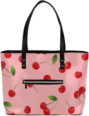 Pink Cherries Print Tote Bag Women Shoulder Handbags PU Leather Everyday Bag with External Pocket Large Capacity Aesthetic Corduroy Tote Bag for Travel Work Party