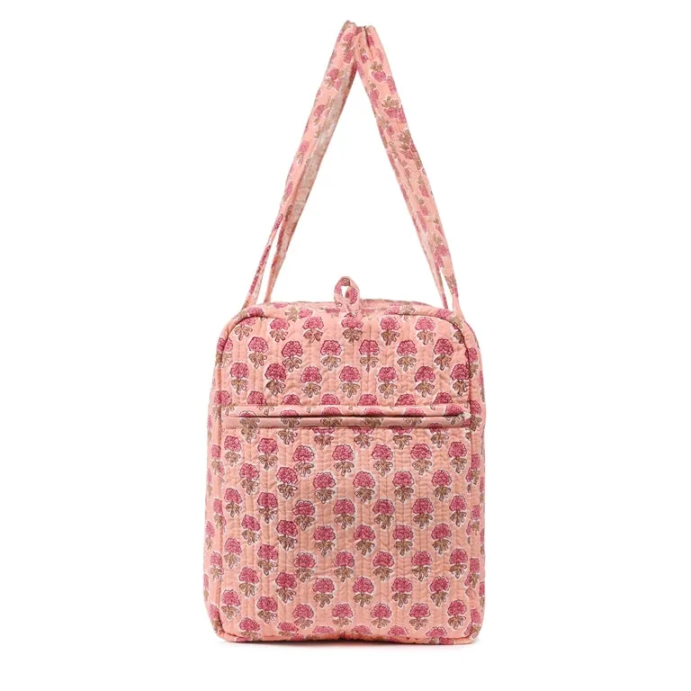 PINK GUL BUTTI  HAND BLOCK PRINTED QUILTED TRAVEL DUFFLE BAG BIG