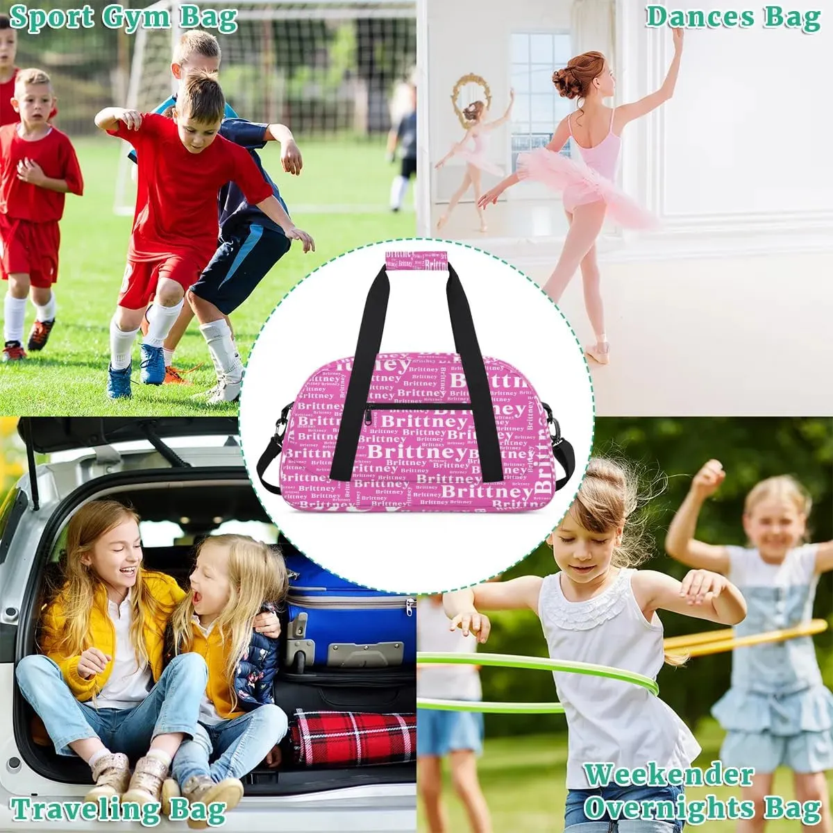 Pink Personalized Duffle Bag for Kids Custom Dance Ballet Bag with Name Lightweight Travel Weekender Overnight Bags Sport Gym Duffel Bag Workout Carry On Tote for Girls Boys