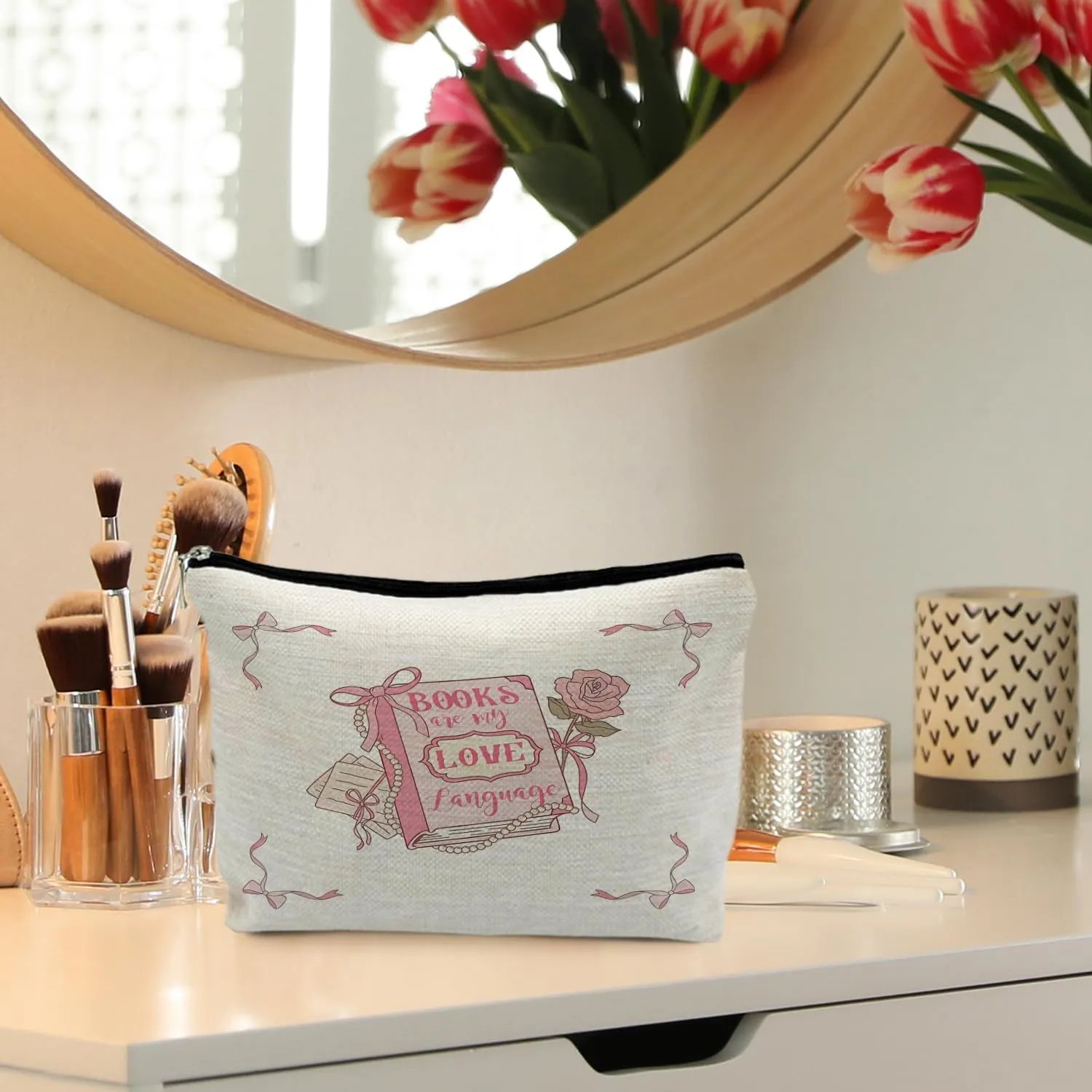 Pink Preppy Makeup Bag, Coquette Makeup Bag, Reading Lovers Gifts, Pink Coquette Bow Rose Floral Cosmetic Bags, Preppy Gifts Zipper Pouch for Women, Aesthetic Makeup Bag, Pink Makeup Pouch