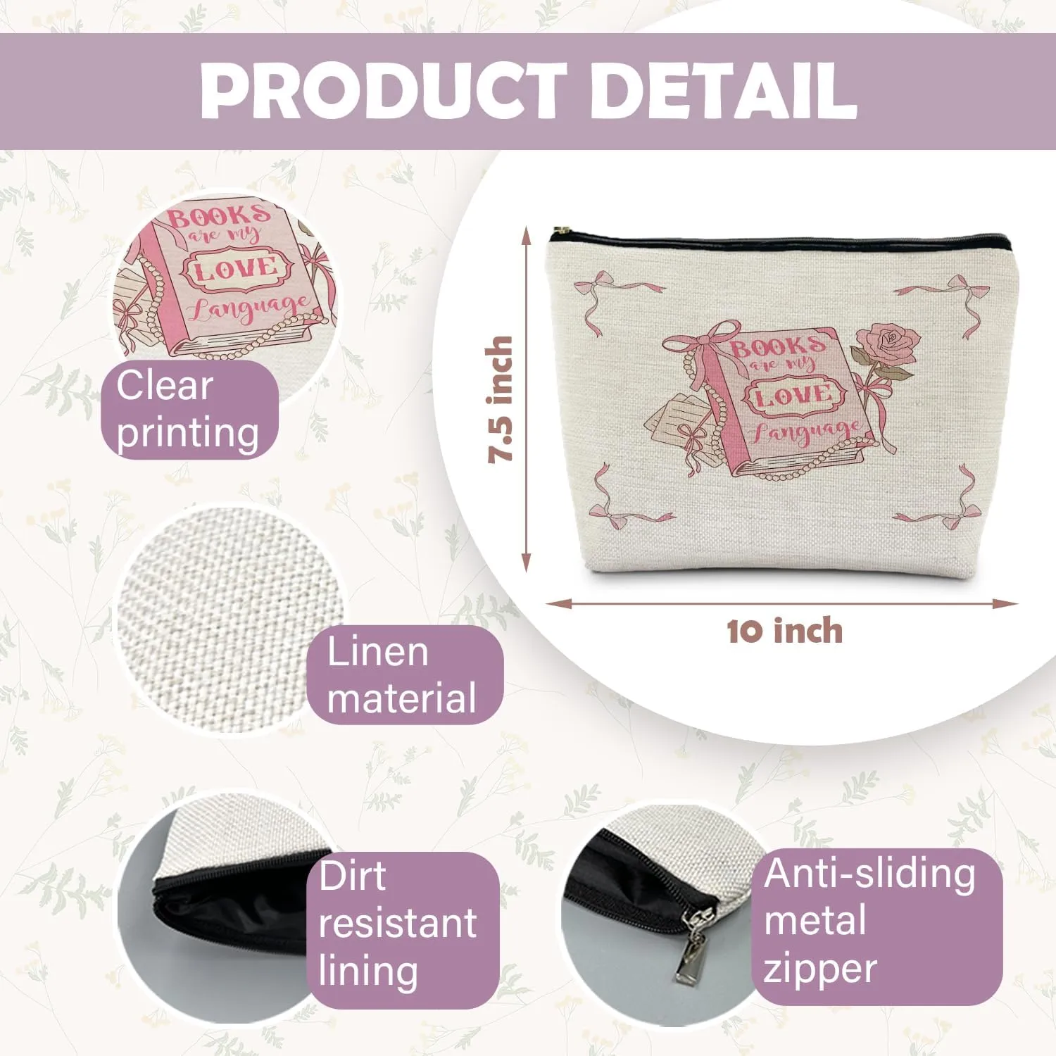 Pink Preppy Makeup Bag, Coquette Makeup Bag, Reading Lovers Gifts, Pink Coquette Bow Rose Floral Cosmetic Bags, Preppy Gifts Zipper Pouch for Women, Aesthetic Makeup Bag, Pink Makeup Pouch