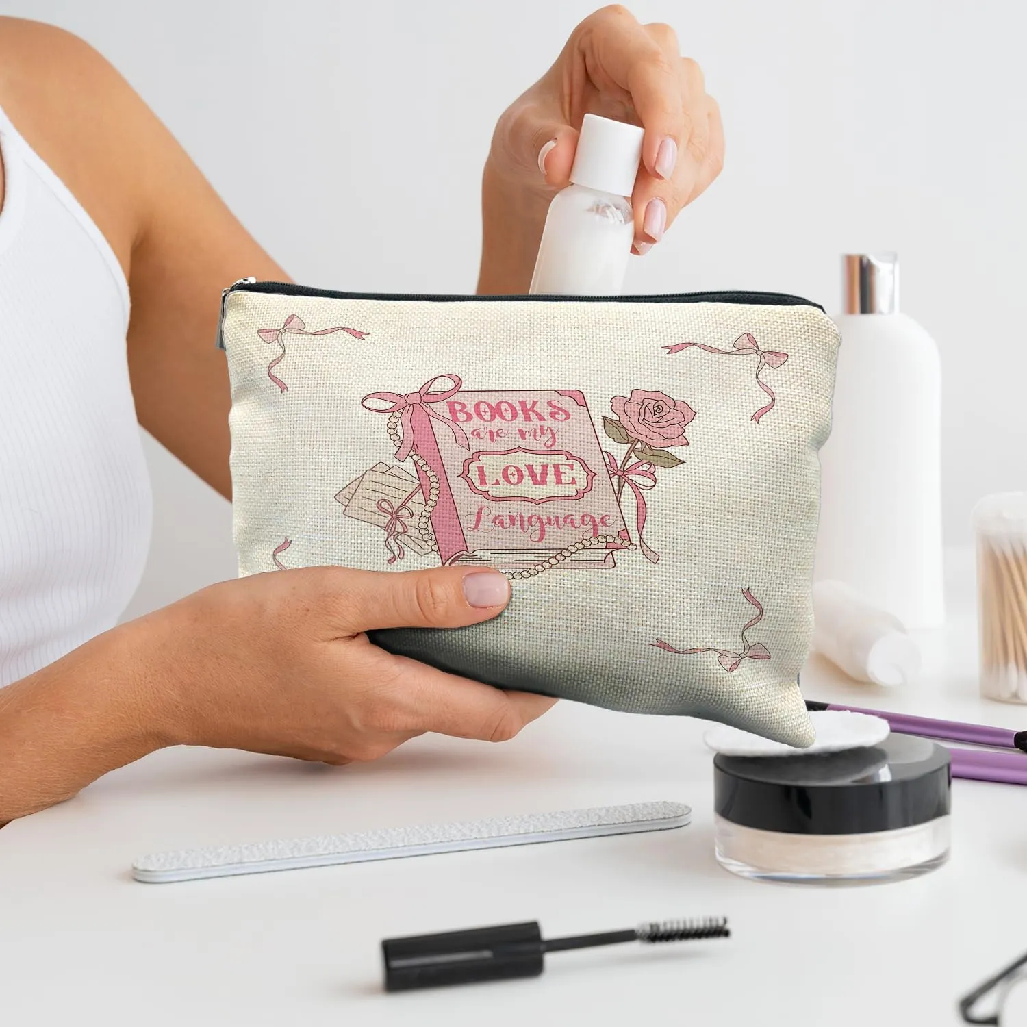 Pink Preppy Makeup Bag, Coquette Makeup Bag, Reading Lovers Gifts, Pink Coquette Bow Rose Floral Cosmetic Bags, Preppy Gifts Zipper Pouch for Women, Aesthetic Makeup Bag, Pink Makeup Pouch