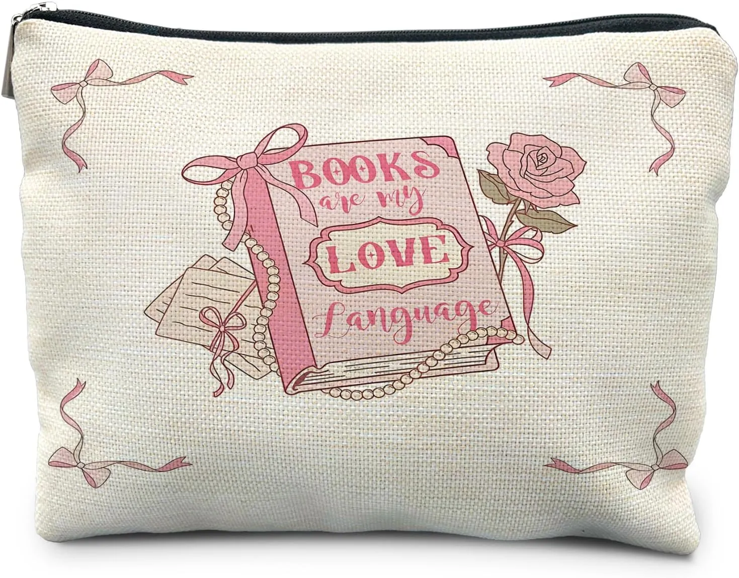 Pink Preppy Makeup Bag, Coquette Makeup Bag, Reading Lovers Gifts, Pink Coquette Bow Rose Floral Cosmetic Bags, Preppy Gifts Zipper Pouch for Women, Aesthetic Makeup Bag, Pink Makeup Pouch