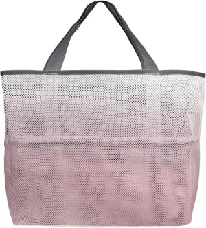 Pink White Ombre Beach Tote Bag for Women, Pink Gradient Color Modern Abstract Art Mesh Beach Bags Waterproof Sandproof, Outdoor Picnic Swim Pool Handbag - Large Beach Bag with Zipper and Pockets