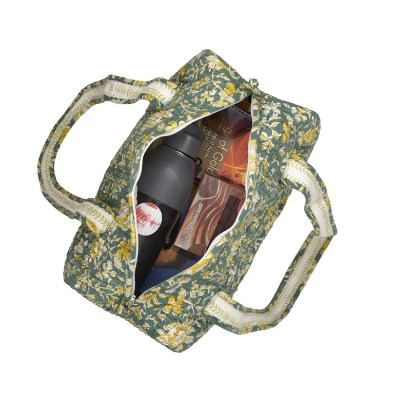 PISTACHU JAL HAND BLOCK PRINTED QUILTED TRAVEL MICRO DUFFLE BAG