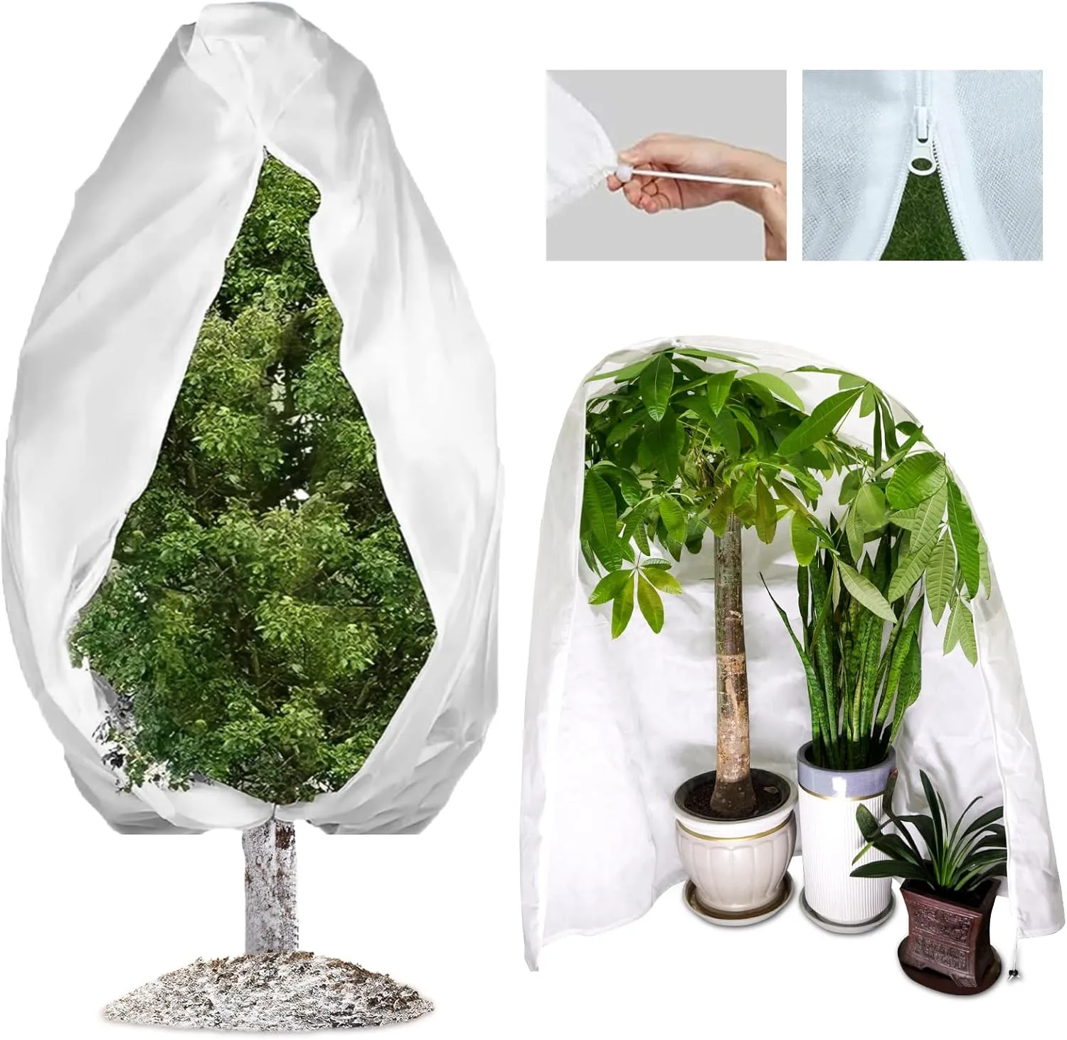 Plant Covers Freeze Protection, 2 Pack 47.7" X 71.7" Frost Protection Bags with Zipper and Drawstring for Shrubs, Trees, and Potted Plants – Winter Plant Cover for Cold Weather, Snow, and Wind. White