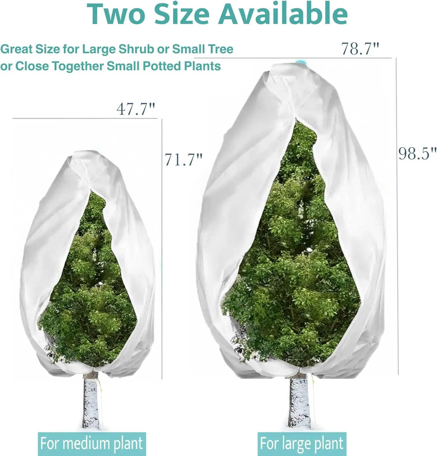 Plant Covers Freeze Protection, 2 Pack 47.7" X 71.7" Frost Protection Bags with Zipper and Drawstring for Shrubs, Trees, and Potted Plants – Winter Plant Cover for Cold Weather, Snow, and Wind. White