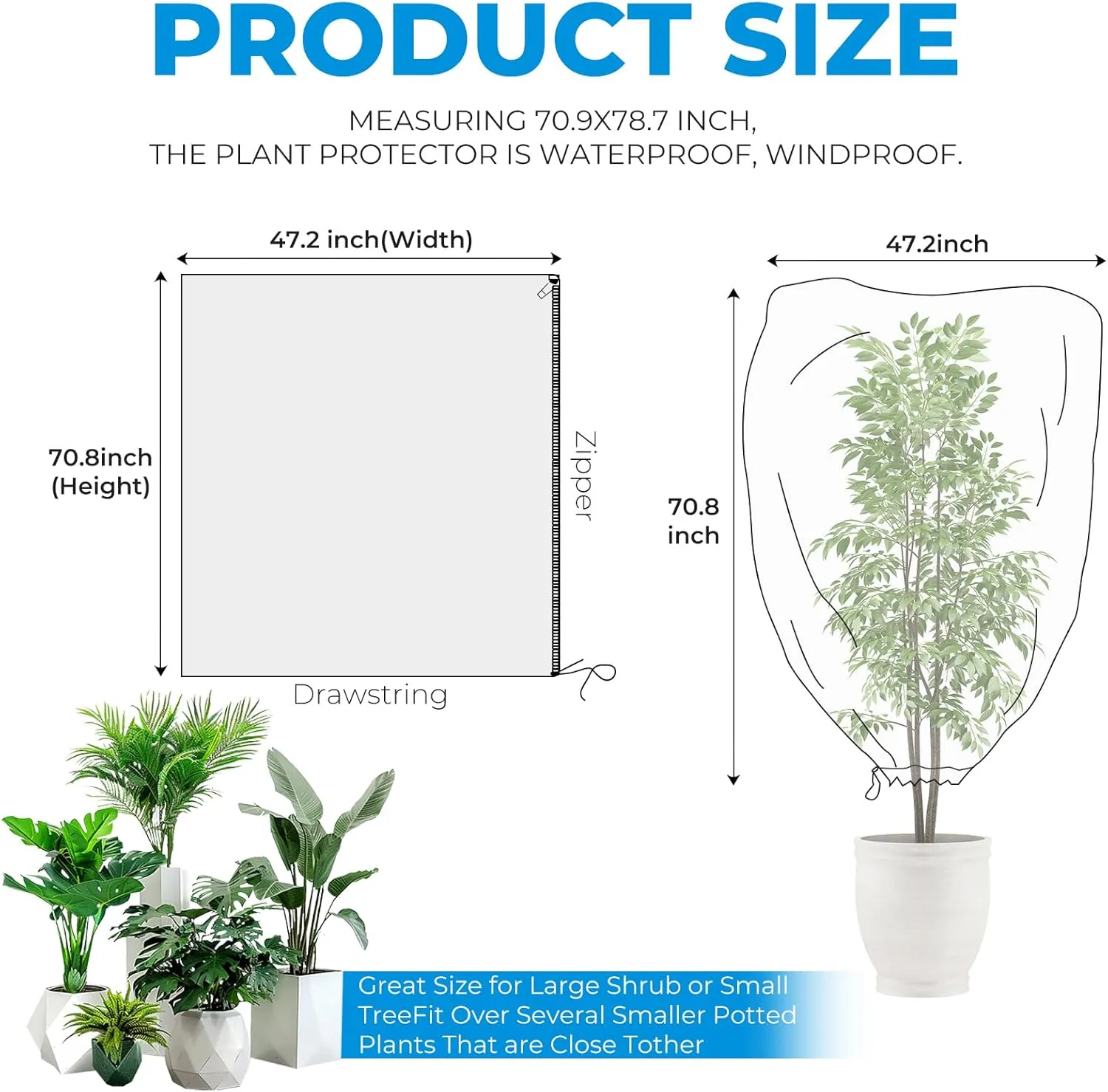 Plant Covers Freeze Protection, 47.2'' x 70.8" 2.5oz/yd² Frost Cloth Plant Freeze Protection Tree Jacket Cover for Outdoor Plants Shrubs Potted, Garden Plant Winter Protection Bags with Drawstring