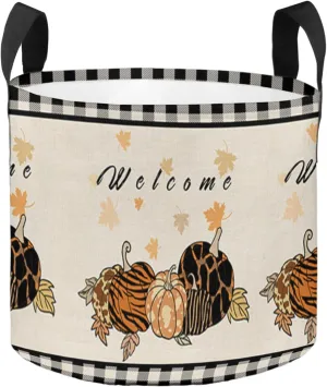 Plant Grow Bag Thanksgiving Fall Pumpkin Maple Leaf Check Tiger 5 Gallon Grow Bags,Fabric Breathable Garden Plant Pots with Handles,Farm Crop Retro Linen Flower Grow Bag for Tomato Vegetable Flower
