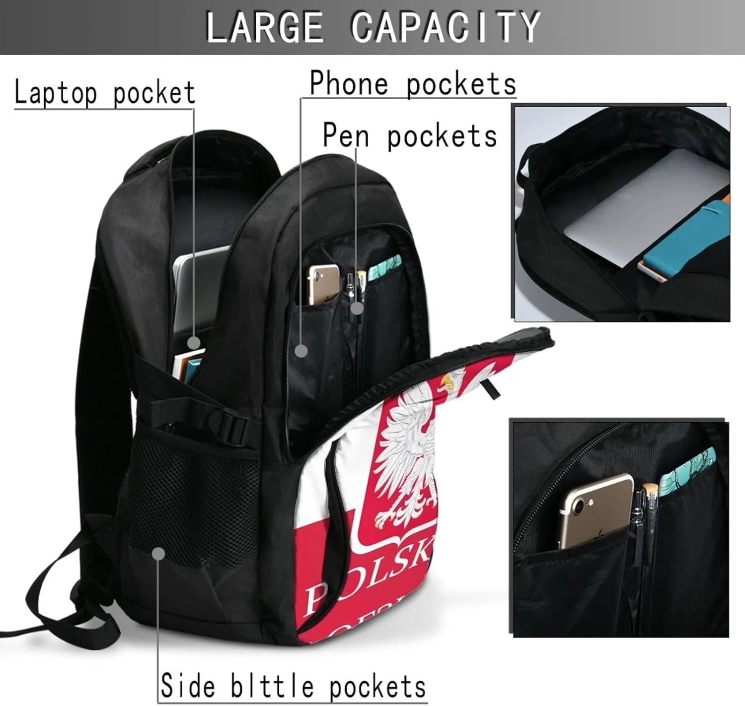 Polish Flag Poland Polska Eagle Casual Travel Backpacks Hiking Camping Backpack Large Outdoor Sport Daypack Laptop Rucksack Climbing Working Bags with USB Port