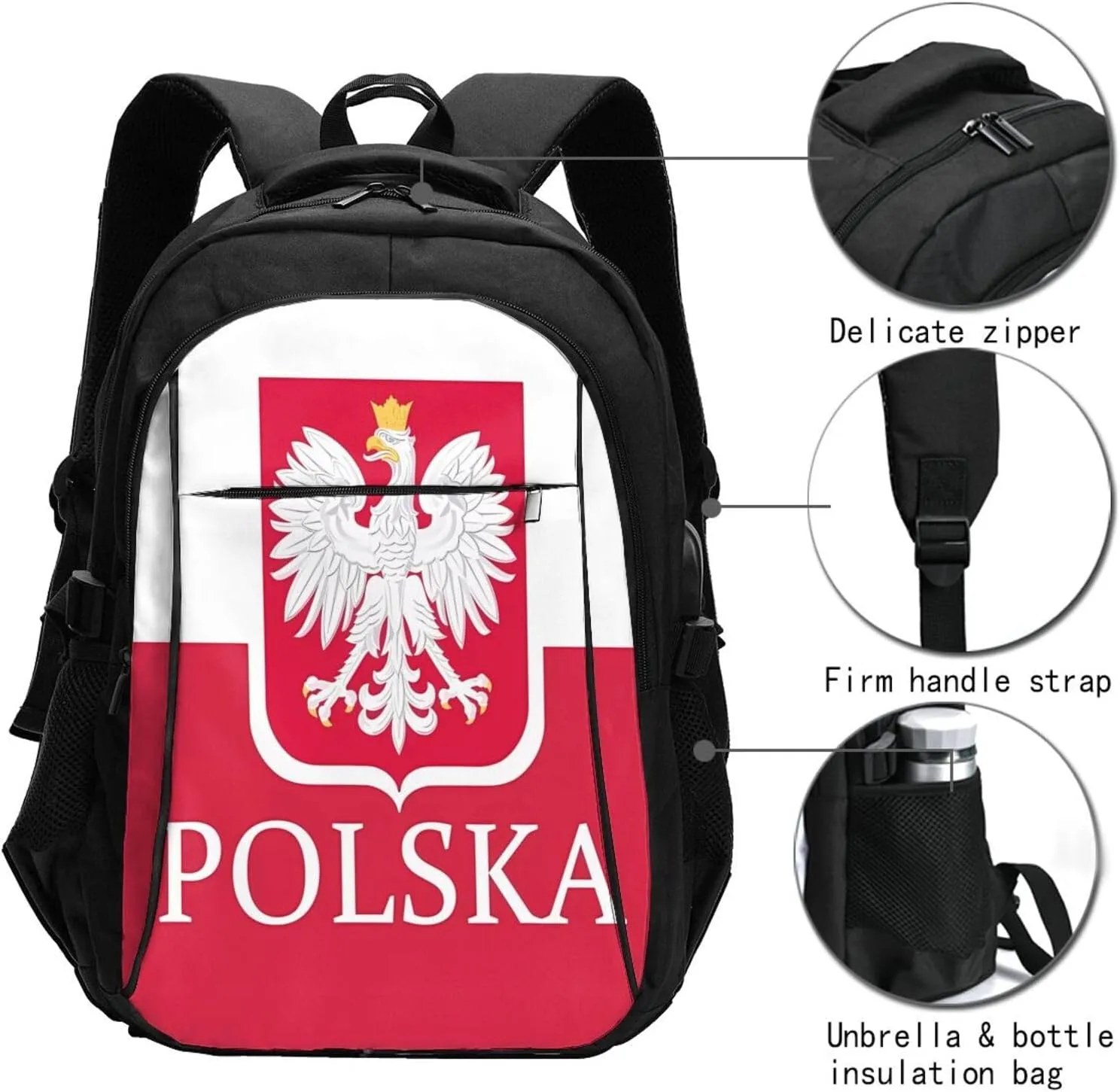 Polish Flag Poland Polska Eagle Casual Travel Backpacks Hiking Camping Backpack Large Outdoor Sport Daypack Laptop Rucksack Climbing Working Bags with USB Port
