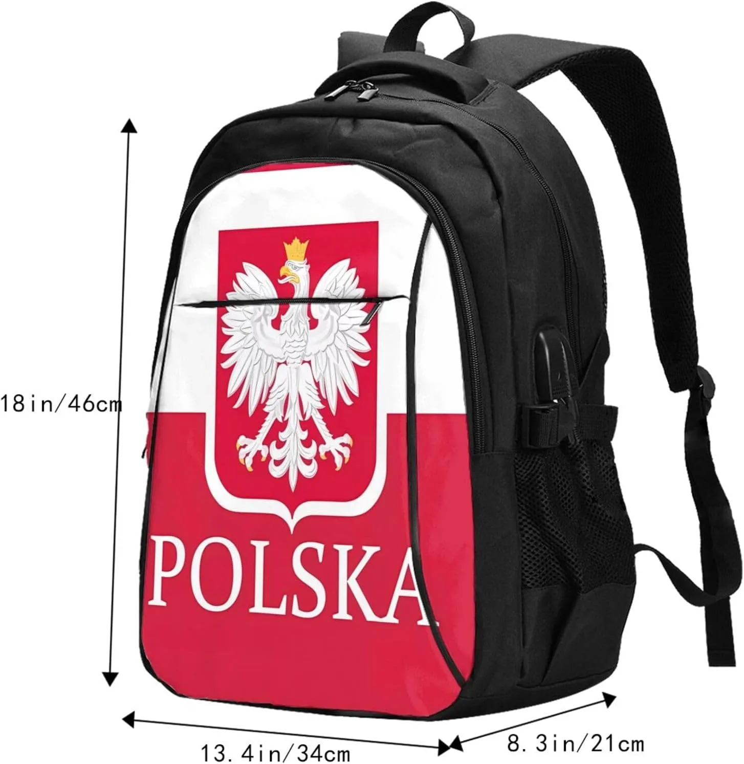 Polish Flag Poland Polska Eagle Casual Travel Backpacks Hiking Camping Backpack Large Outdoor Sport Daypack Laptop Rucksack Climbing Working Bags with USB Port