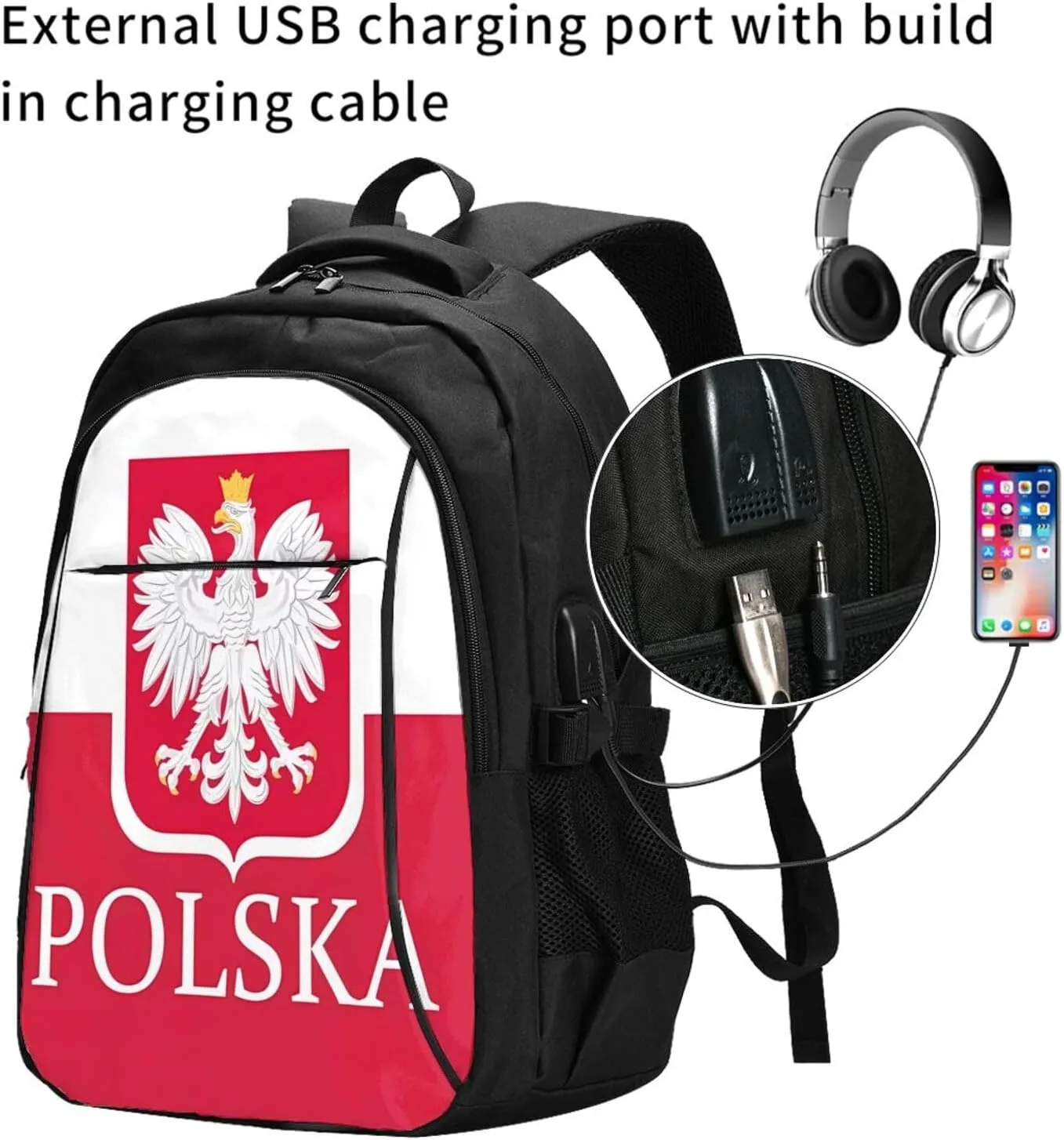 Polish Flag Poland Polska Eagle Casual Travel Backpacks Hiking Camping Backpack Large Outdoor Sport Daypack Laptop Rucksack Climbing Working Bags with USB Port