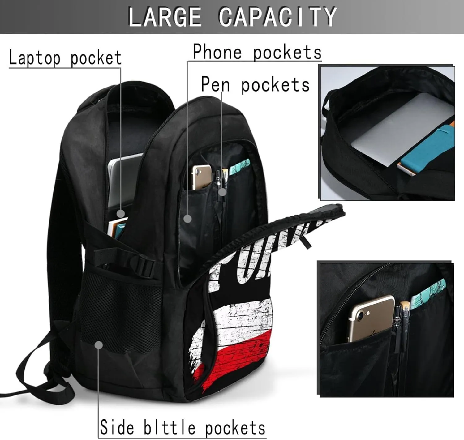 Polish Flag Poland Polska Flags Casual Travel Backpacks Hiking Camping Backpack Large Outdoor Sport Daypack Laptop Rucksack Climbing Working Bags with USB Port