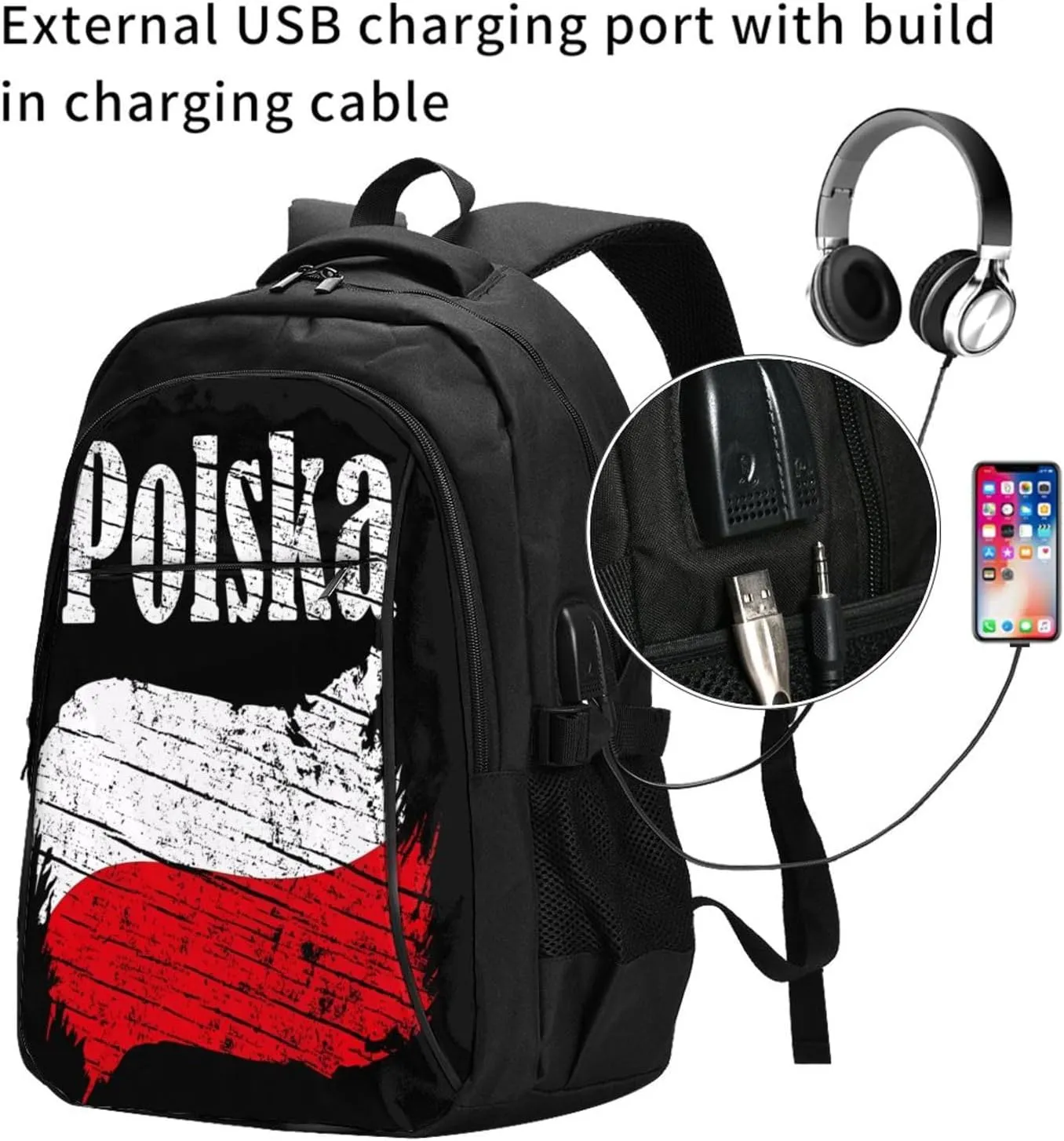 Polish Flag Poland Polska Flags Casual Travel Backpacks Hiking Camping Backpack Large Outdoor Sport Daypack Laptop Rucksack Climbing Working Bags with USB Port