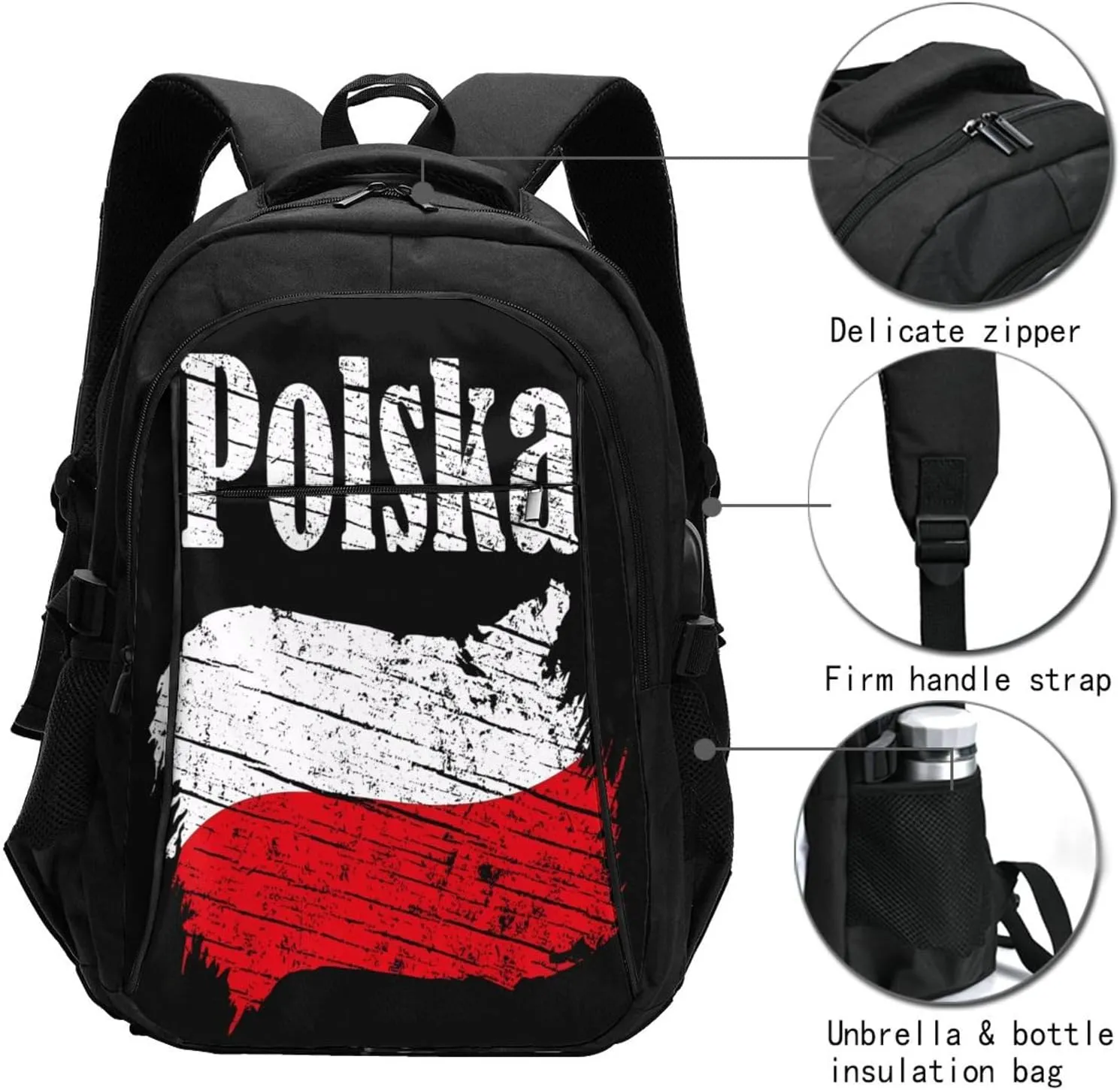 Polish Flag Poland Polska Flags Casual Travel Backpacks Hiking Camping Backpack Large Outdoor Sport Daypack Laptop Rucksack Climbing Working Bags with USB Port