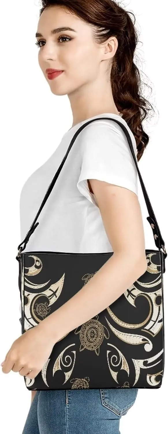 Polynesian Bucket Bags For Women Crossbody Bags PU Leather Tote Bag Summer Purses with 2 Detachable Straps Handbags