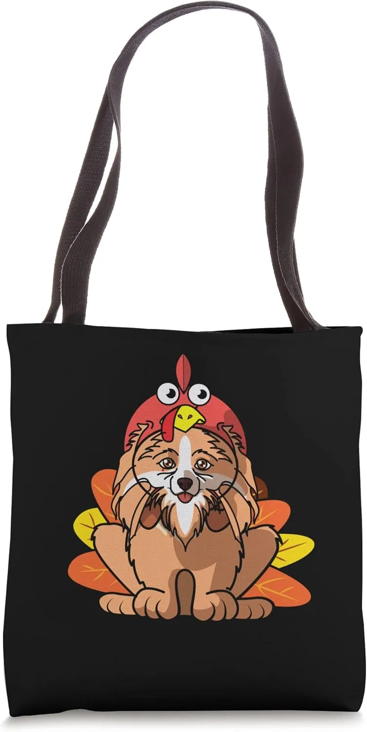 Pomeranian Dog Greets Happy Thanksgiving Turkey Black Tote Bag