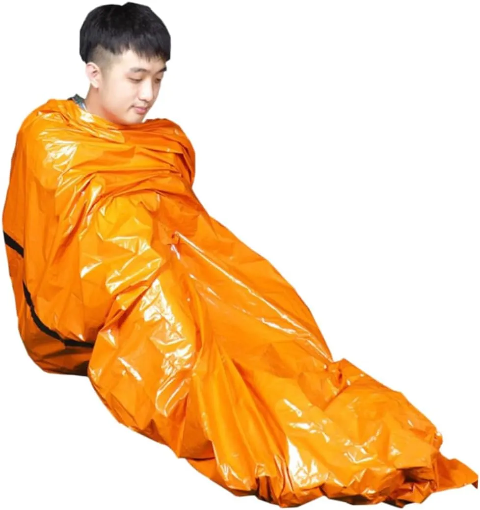 POPETPOP Camping Hiking Emergency Blankets 203x91cm Waterproof Sleeping Bag Pouch for Valuables Warm Drawstring Hood Random