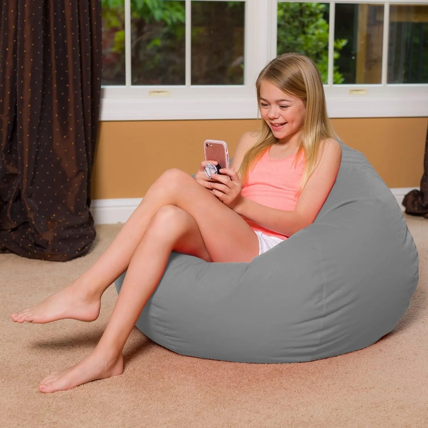 Posh Beanbags Bean Bag Chair, Large-38in, Canvas Multi-Colored Flowers on Gray
