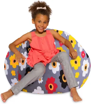 Posh Beanbags Bean Bag Chair, Large-38in, Canvas Multi-Colored Flowers on Gray