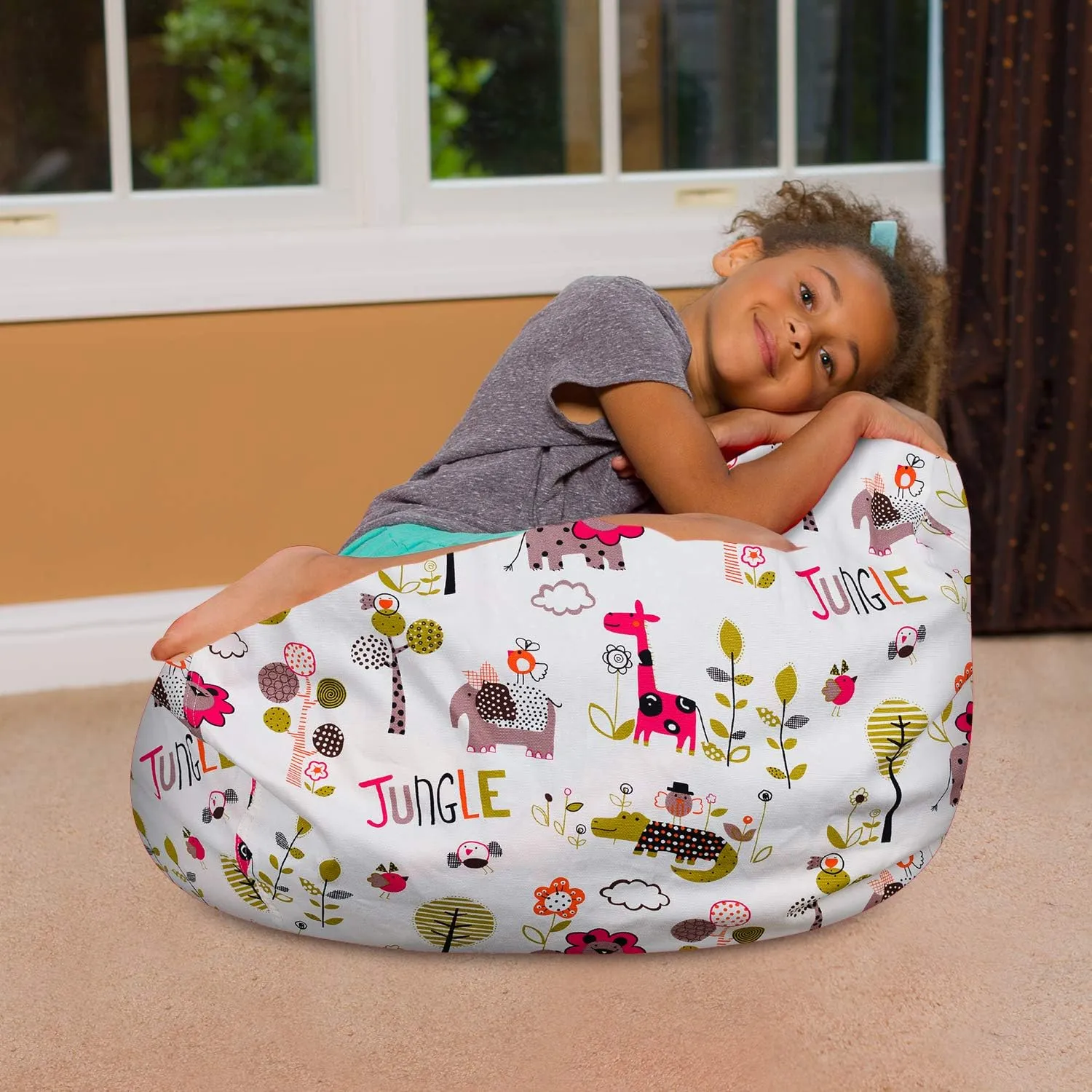 Posh Beanbags Bean Bag Chair, Medium-27in, Canvas Jungle Animals on White