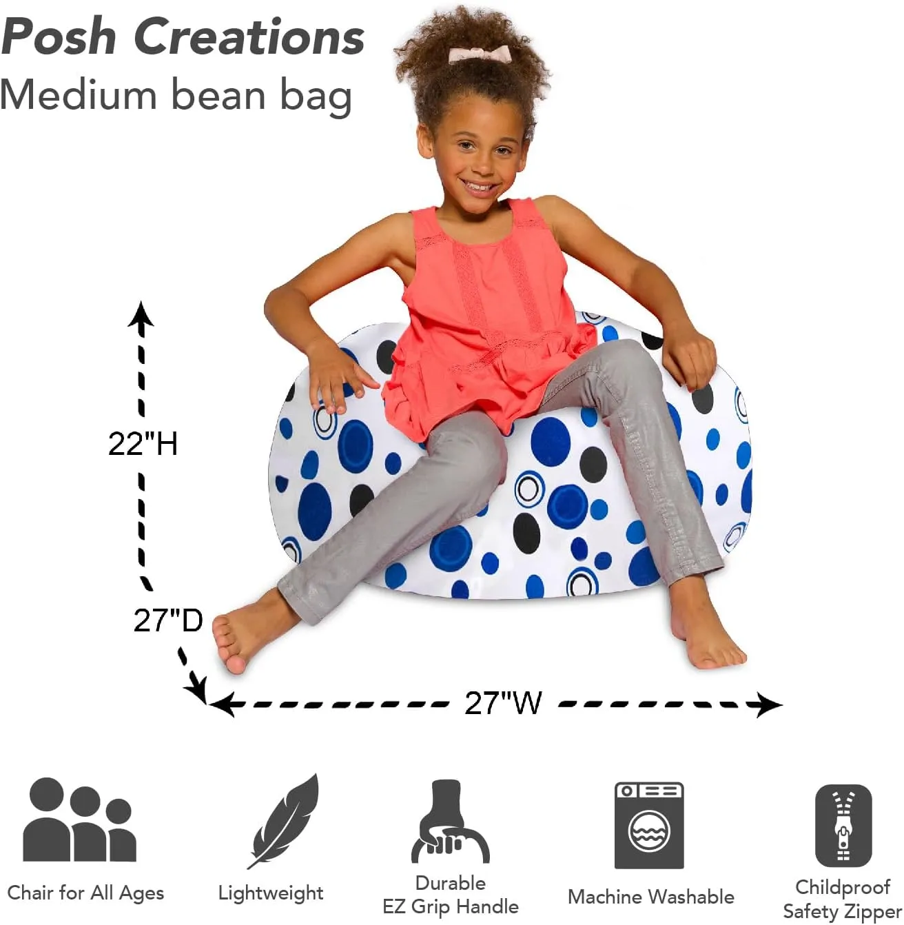 Posh Creations Bean Bag Chair for Kids, Teens, and Adults Includes Removable and Machine Washable Cover, Canvas Bubbles Blue and White, 27in - Medium