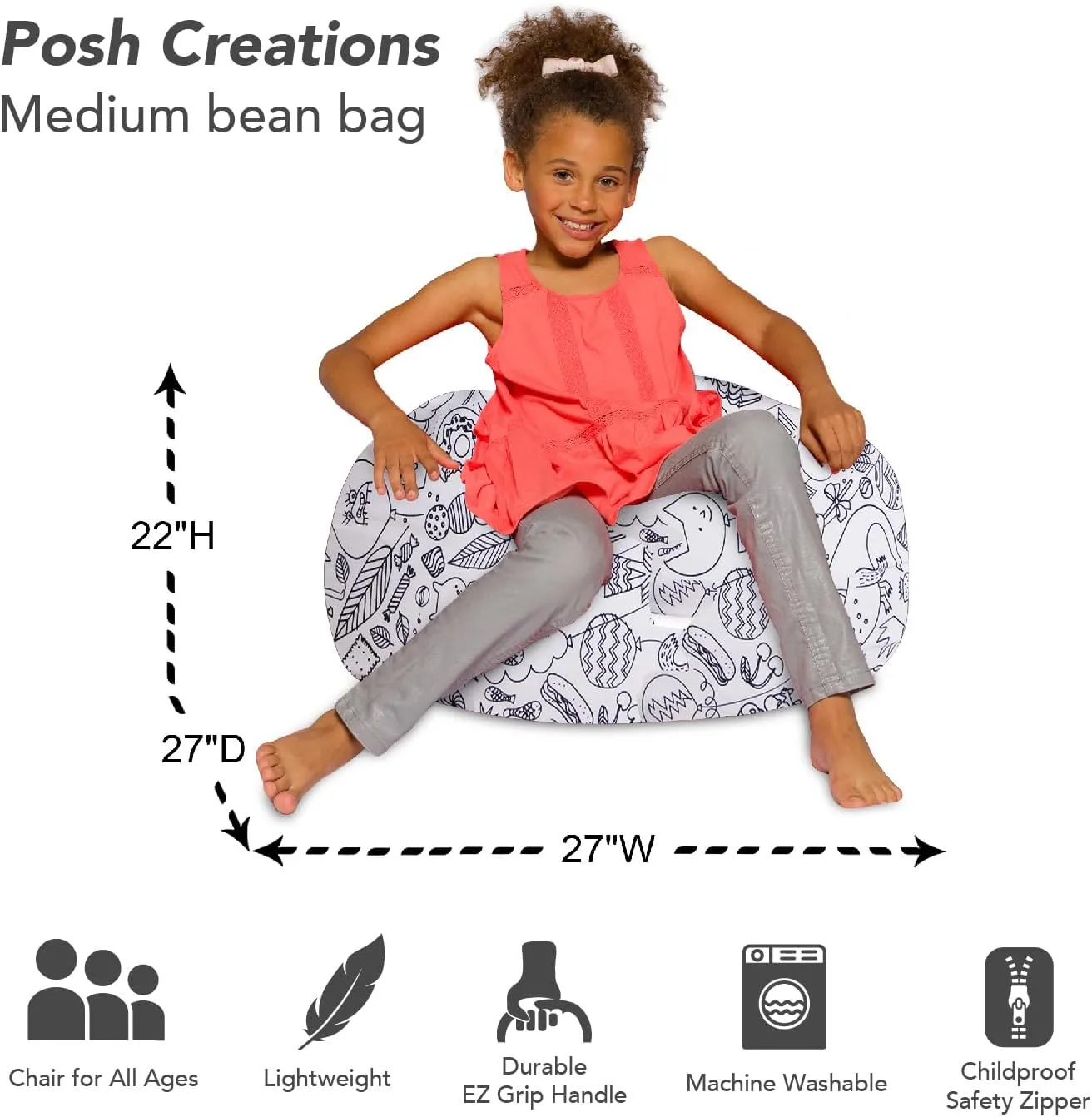 Posh Creations Bean Bag Chair for Kids, Teens, and Adults Includes Removable and Machine Washable Cover, Canvas Coloring Fabric - Fun Creatures, 27in - Medium