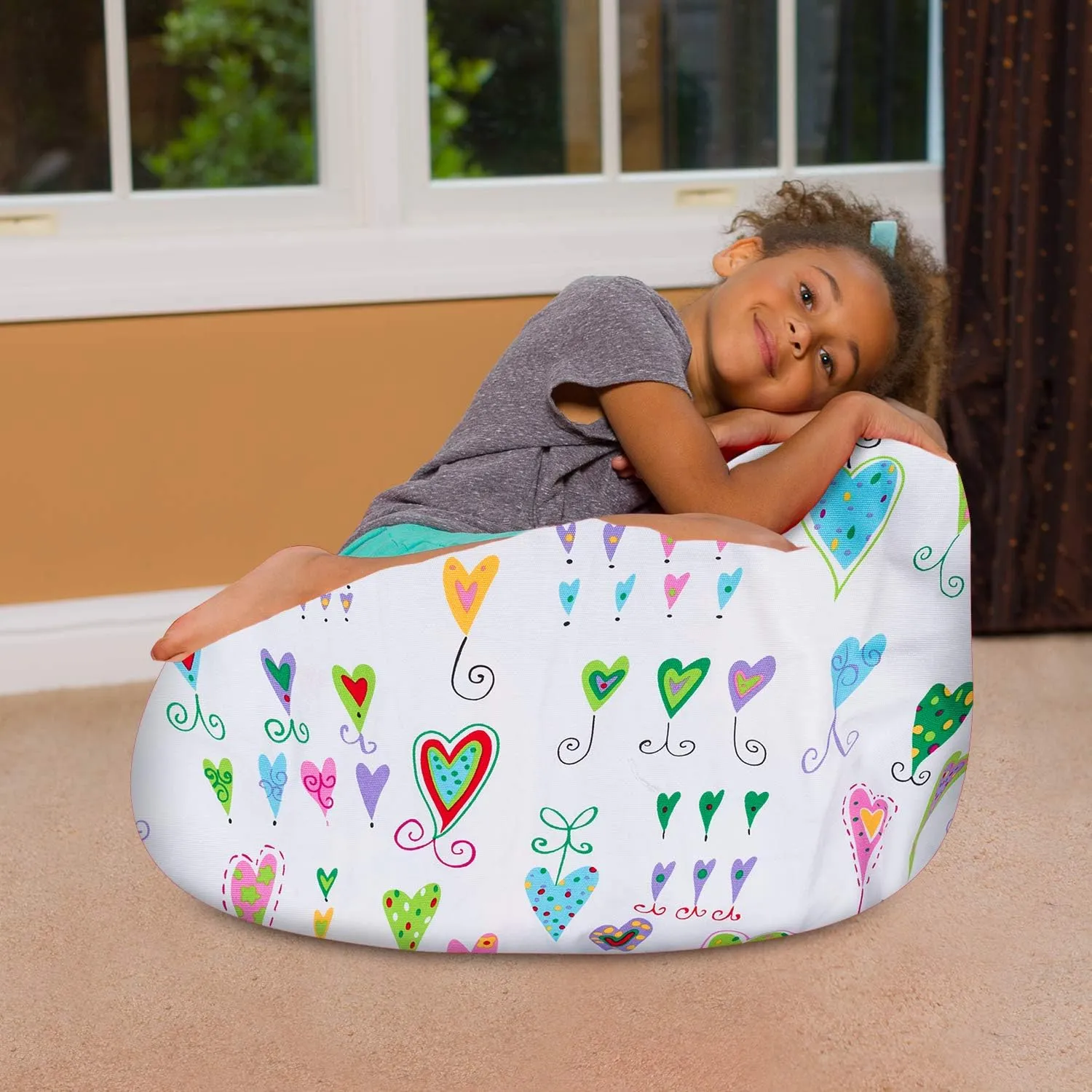 Posh Creations Bean Bag Chair for Kids, Teens, and Adults Includes Removable and Machine Washable Cover, Canvas Multi-Colored Hearts on White, 27in - Medium