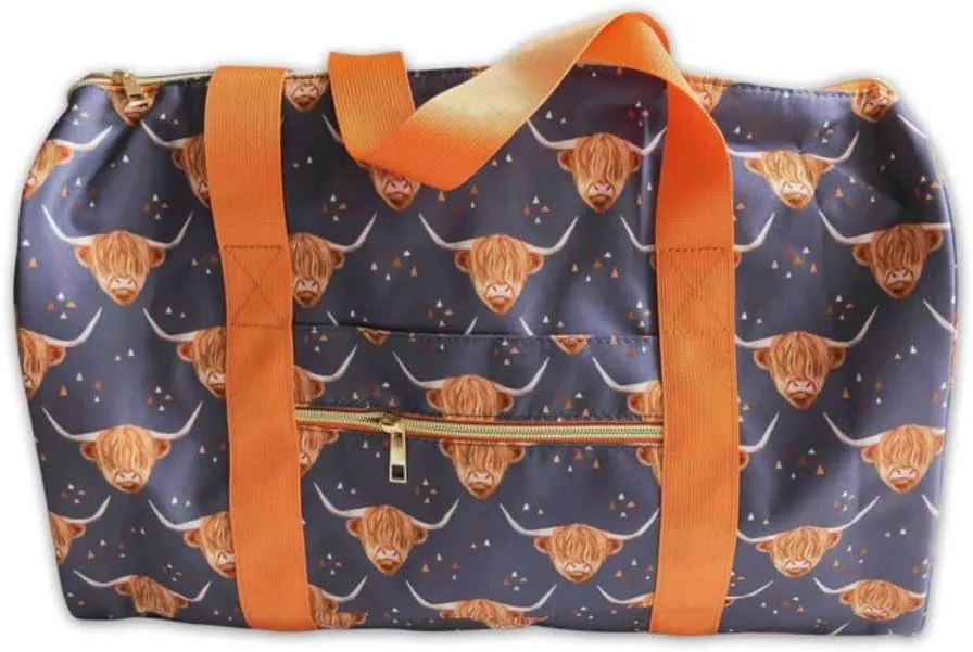 Printed Lightweight Sport Duffle Bag (navy highland cow)
