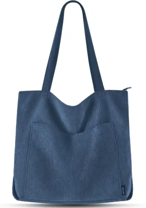 Prite Corduroy Tote Bag for Women Large Shoulder Bag with Zipper and Pockets for College Work Travel Shopping
