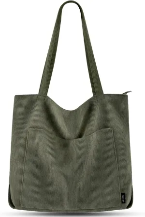 Prite Corduroy Tote Bag for Women Large Shoulder Bag with Zipper and Pockets for College Work Travel Shopping