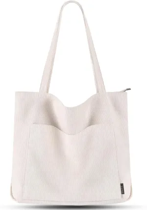 Prite Corduroy Tote Bag for Women Large Shoulder Bag with Zipper and Pockets for College Work Travel Shopping
