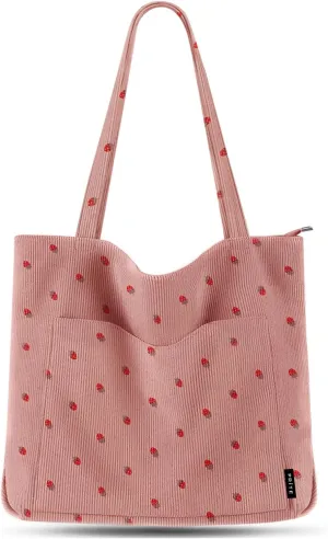 Prite Corduroy Tote Bag for Women Large Shoulder Bag with Zipper and Pockets for College Work Travel Shopping