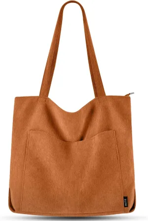 Prite Corduroy Tote Bag for Women Large Shoulder Bag with Zipper and Pockets for College Work Travel Shopping