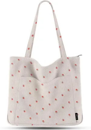 Prite Corduroy Tote Bag for Women Large Shoulder Bag with Zipper and Pockets for College Work Travel Shopping
