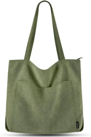 Prite Corduroy Tote Bag for Women Large Shoulder Bag with Zipper and Pockets for College Work Travel Shopping