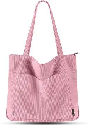 Prite Corduroy Tote Bag for Women Large Shoulder Bag with Zipper and Pockets for College Work Travel Shopping