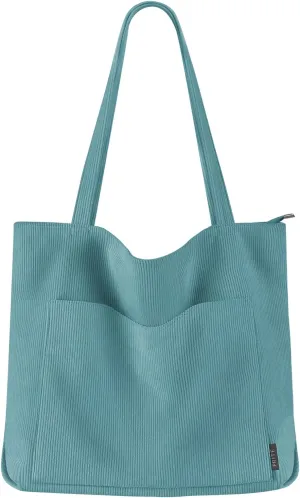 Prite Corduroy Tote Bag for Women Large Shoulder Bag with Zipper and Pockets for College Work Travel Shopping