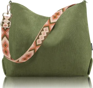 Prite Women’s Corduroy Tote Bag with Zipper, Stylish Shoulder Bag with Adjustment Straps for Work, Travel, Daily Use