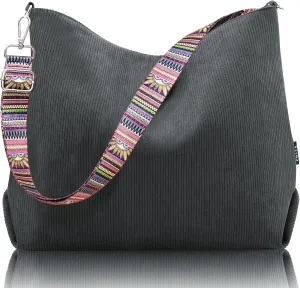 Prite Women’s Corduroy Tote Bag with Zipper, Stylish Shoulder Bag with Adjustment Straps for Work, Travel, Daily Use