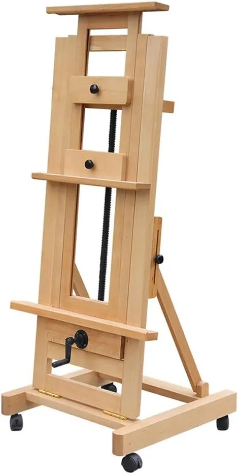Professional Studio Easel Wooden Hand Shake Lifting Floor Standing Artists Painting Art Exhibition Display Holder with 4 Castor Mobile (Color : A)