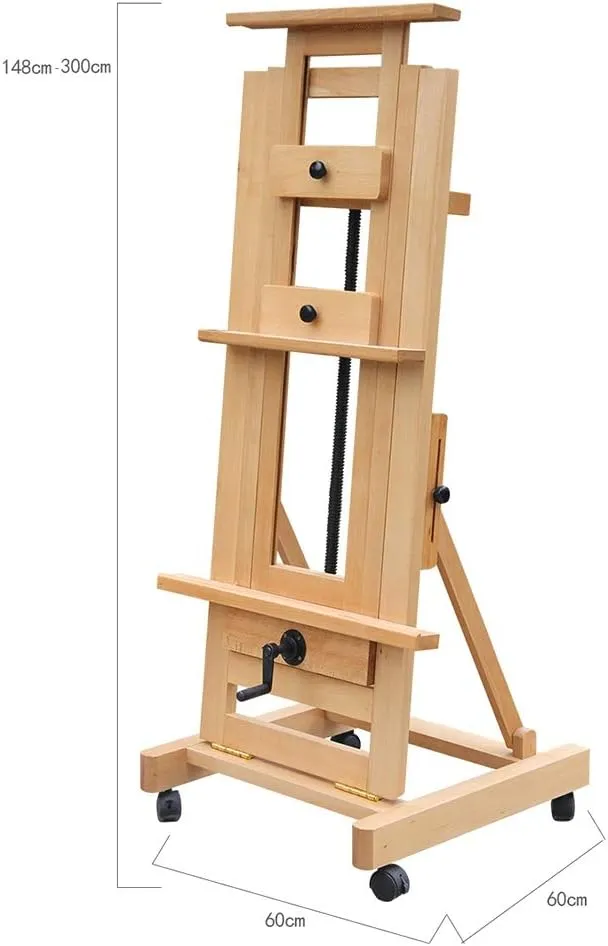 Professional Studio Easel Wooden Hand Shake Lifting Floor Standing Artists Painting Art Exhibition Display Holder with 4 Castor Mobile (Color : A)