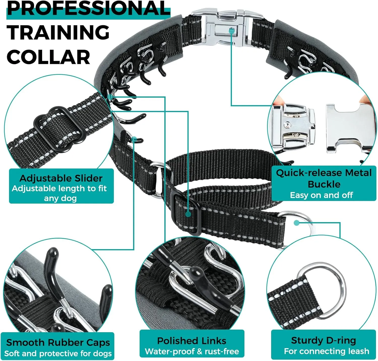 Prong Collar for Large Dogs – Heavy Duty Martingale No Pull Dog Collar with Stainless Spikes & Reflective Strips, Pitbull/Doberman Training Control for Parks, Streets