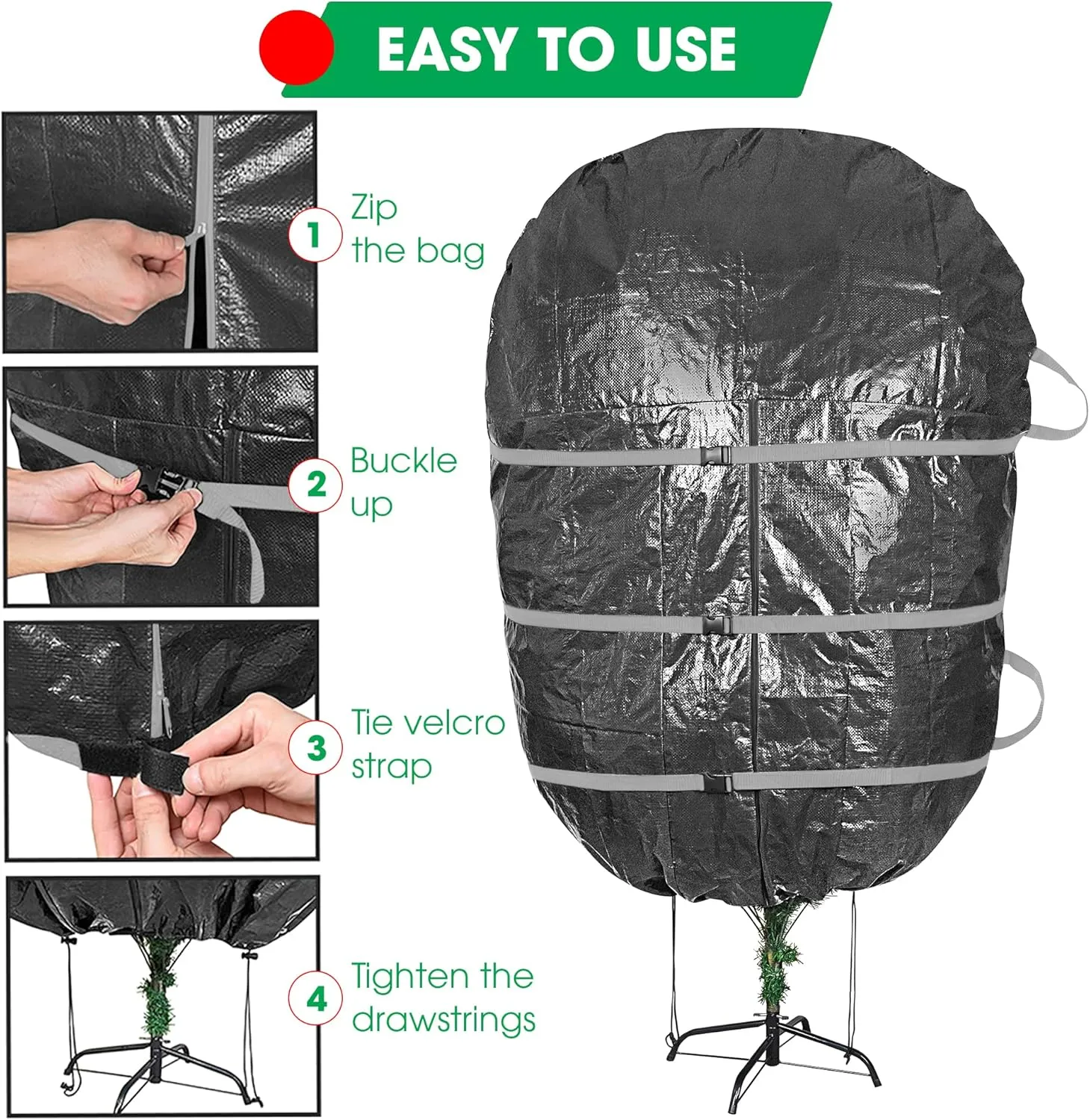 ProPik Upright Christmas Tree Storage Bag - Fits 9 Ft. Xmas Tree - Heavy Duty Polyethylene, Waterproof Bag - Reusable, Adjustable, Zipper Closure, Ergonomic Handles for Transportation (9ft, Black)